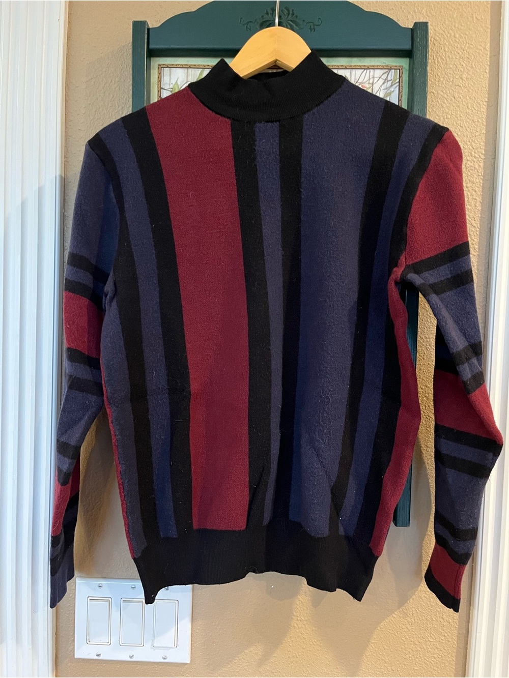 Grace Karin Men’s Striped Red Blue Black Long Sleeved Mock Neck Sweater Small